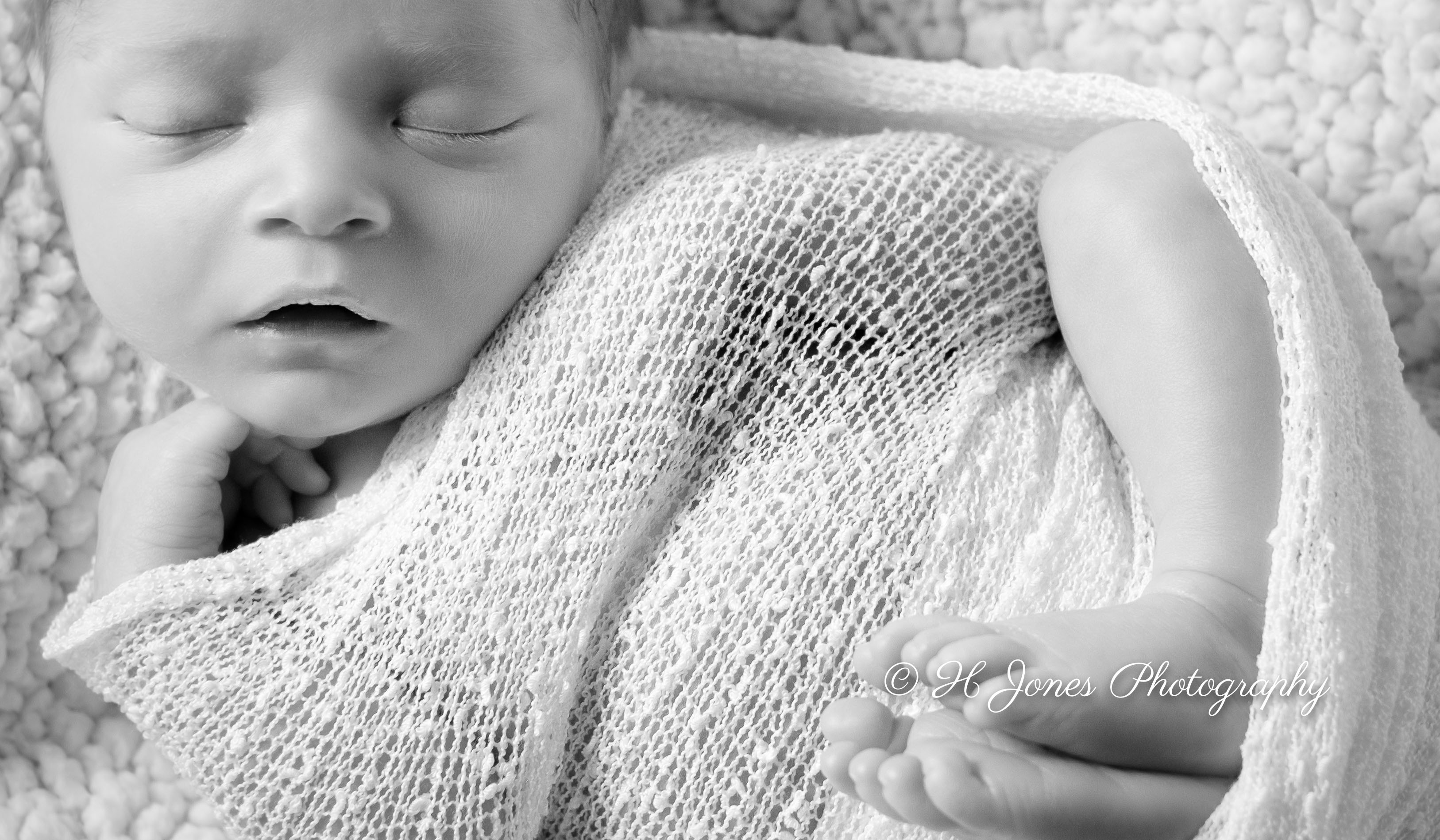 Sleeping newborn in soft blanket monochrome watermarked