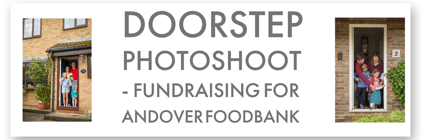 Banner reading Doorstep Photoshoot - fundraising for Andover Foodbank, plus photos of families standing in their doorways.