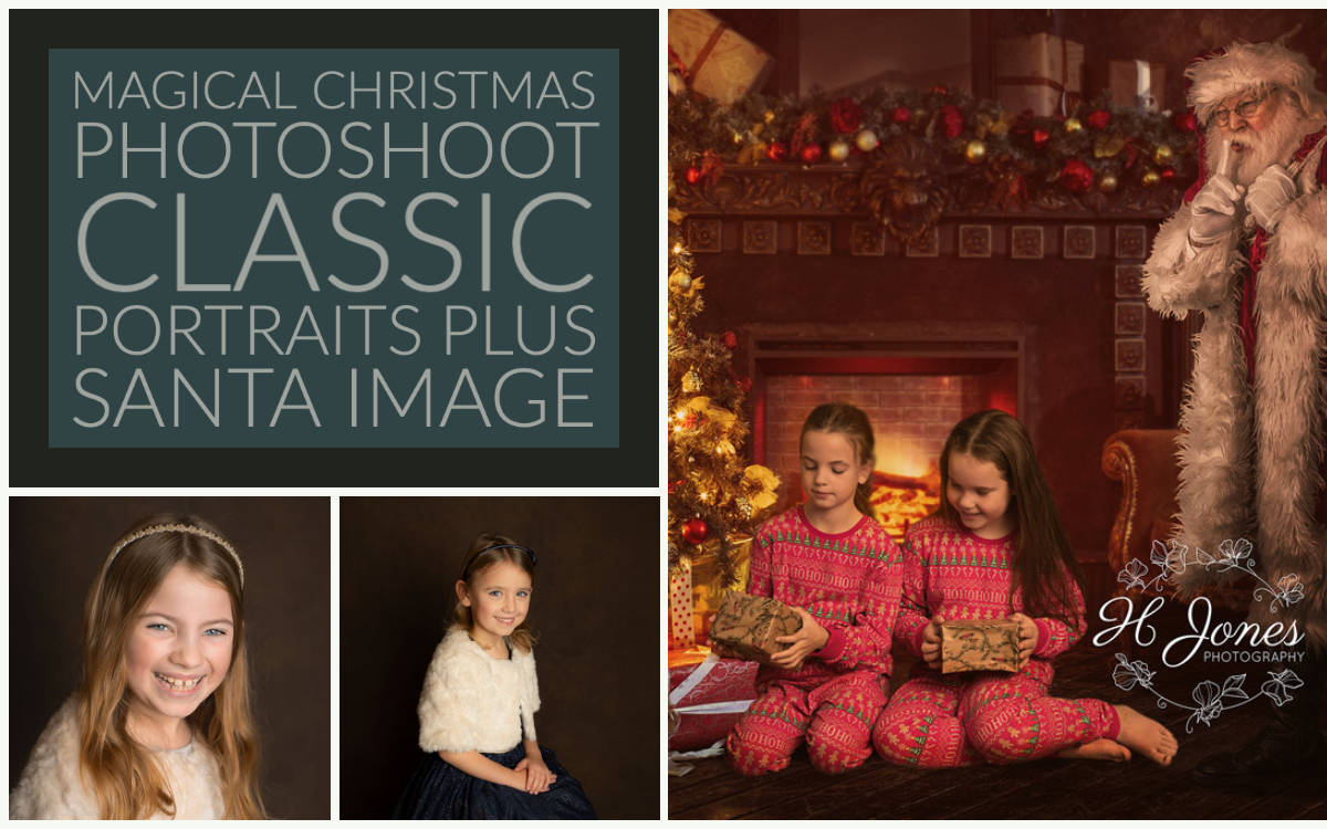 Banner reading Magical Christmas Photoshoot - Classic Portraits plus Santa image - with photo of girls opening presents by Christmas tree in front of the fire, with Santa sneaking up behind them.