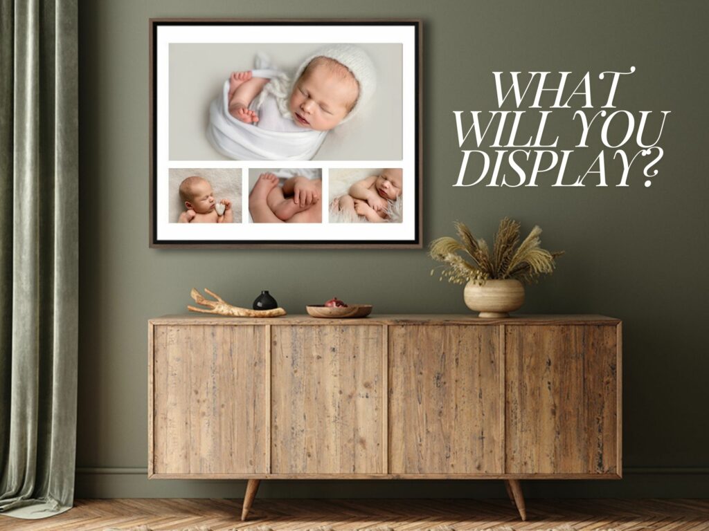 Newborn baby photos from a professional photoshoot displayed in a large wooden frame on a green wall.