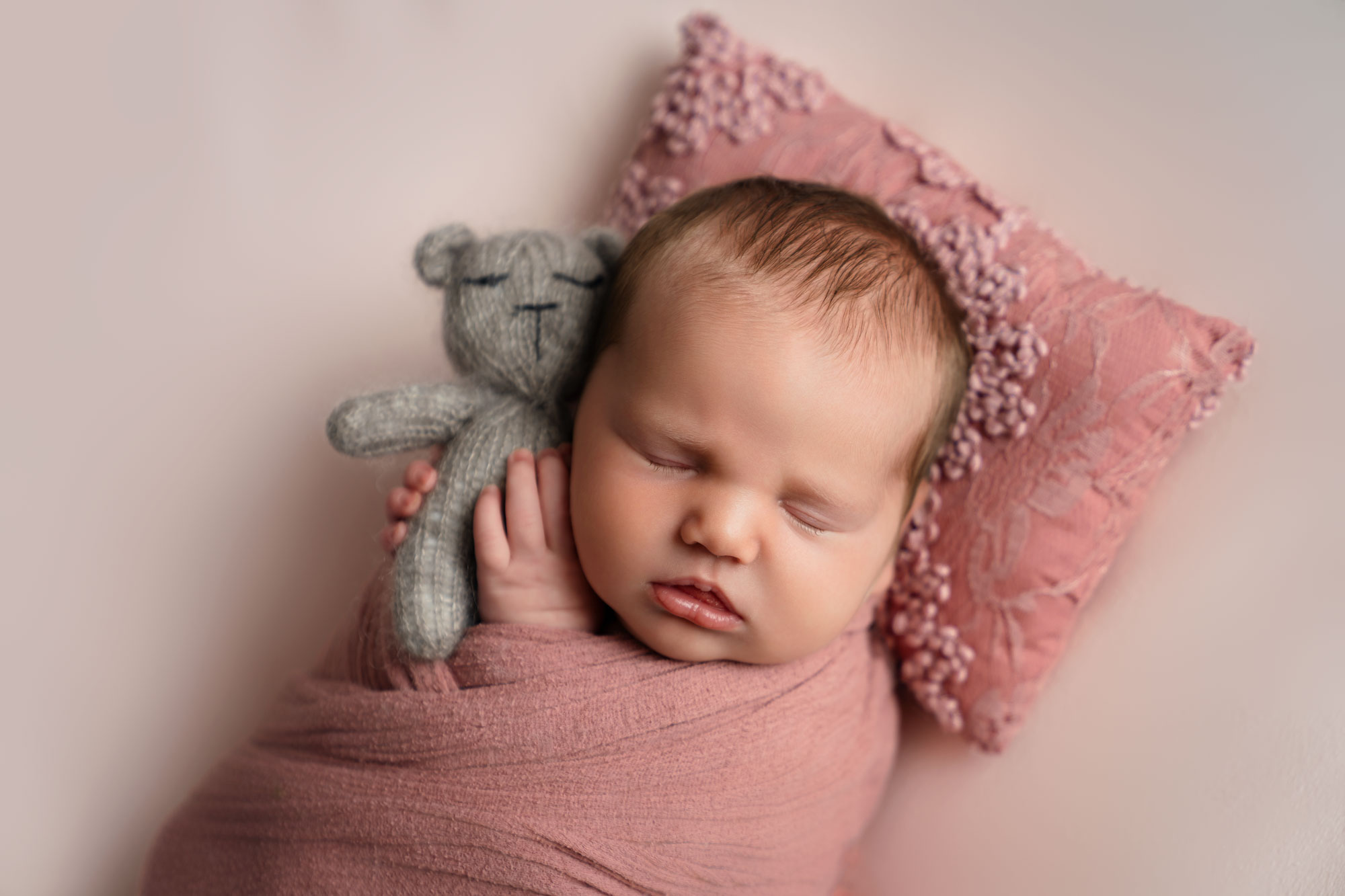 newborn baby girl wrapped in a pink blanket, holding a small teddy bear, at a photoshoot near salisbury