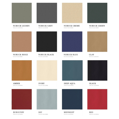 Grid of vegan leather album cover colour options, including shades such as nubuck lichen, grey, creme, green, beige, black, blue, clay, amber, ivory, deep aqua, black, burgundy, sky, midnight, and red.