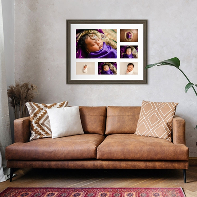 Lifestyle living room with a brown leather sofa and patterned cushions, showcasing a large framed wall art collage featuring newborn photography in warm, natural tones.