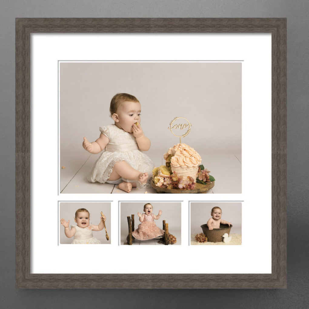Framed multi-image wall print featuring a baby’s cake smash session, with a large central photo of the baby in a cream dress beside a peach buttercream cake, and three smaller images below showing different moments from the photoshoot.