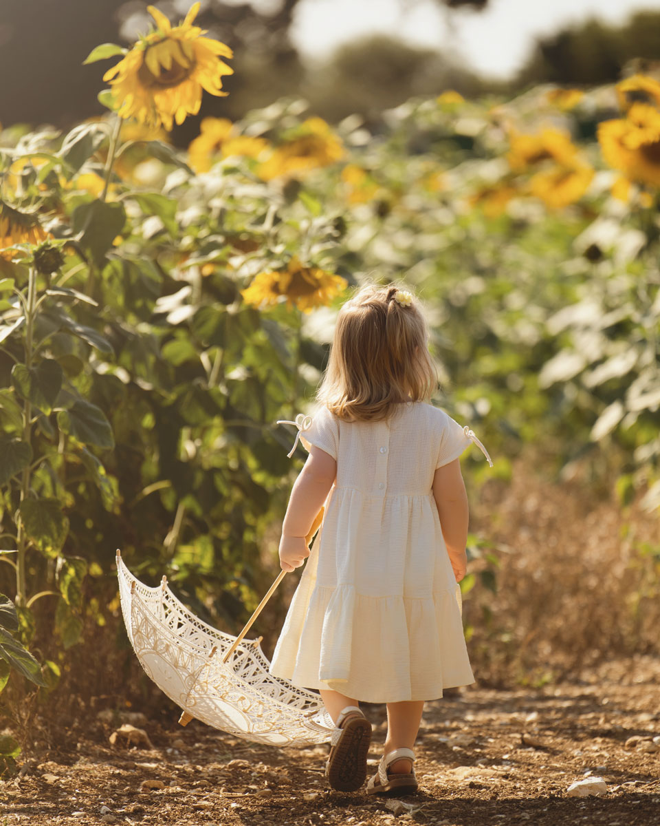 Young child walking through a sunflower field holding a lace umbrella in warm evening light - family photography session near Andover in Hampshire