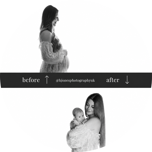 Maternity and newborn photography portrait showing a Hampshire mother during pregnancy and later holding her newborn baby.