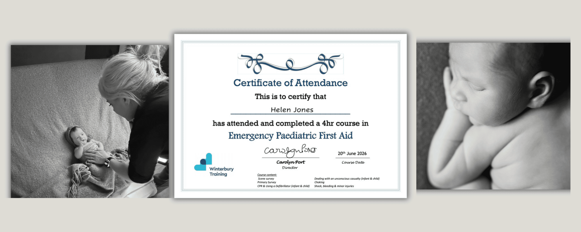 Emergency Paediatric First Aid certificate alongside H Jones Photography safely posing a newborn baby during a Hampshire newborn photography session.