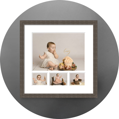 Framed multi-image wall art featuring photographs from a baby’s first birthday cake smash session