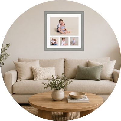 Multi-image framed family portrait displayed above a sofa, available with family photography sessions in Hampshire