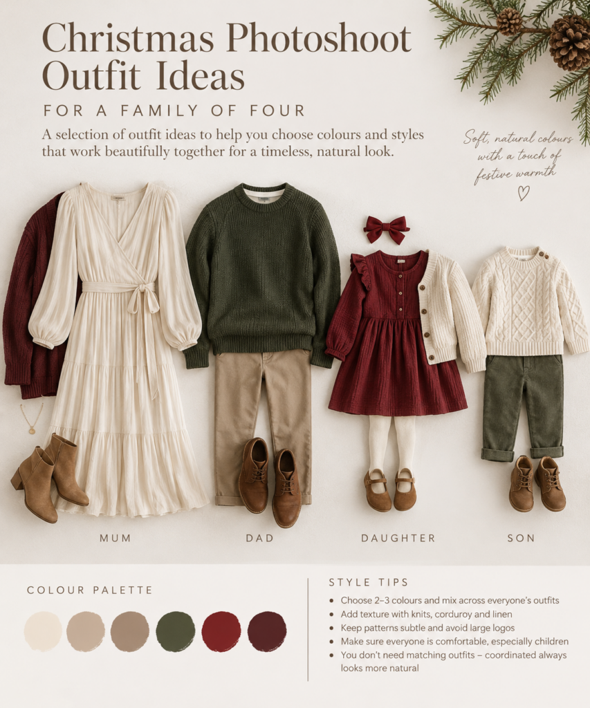 Christmas photoshoot outfit ideas for a family of four, featuring coordinated cream, forest green, burgundy and beige clothing.